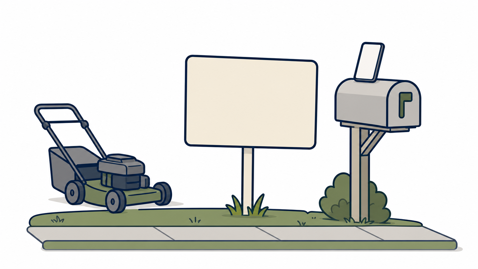 Blank yard sign on a stake beside a push mower and a phone on a mailbox.