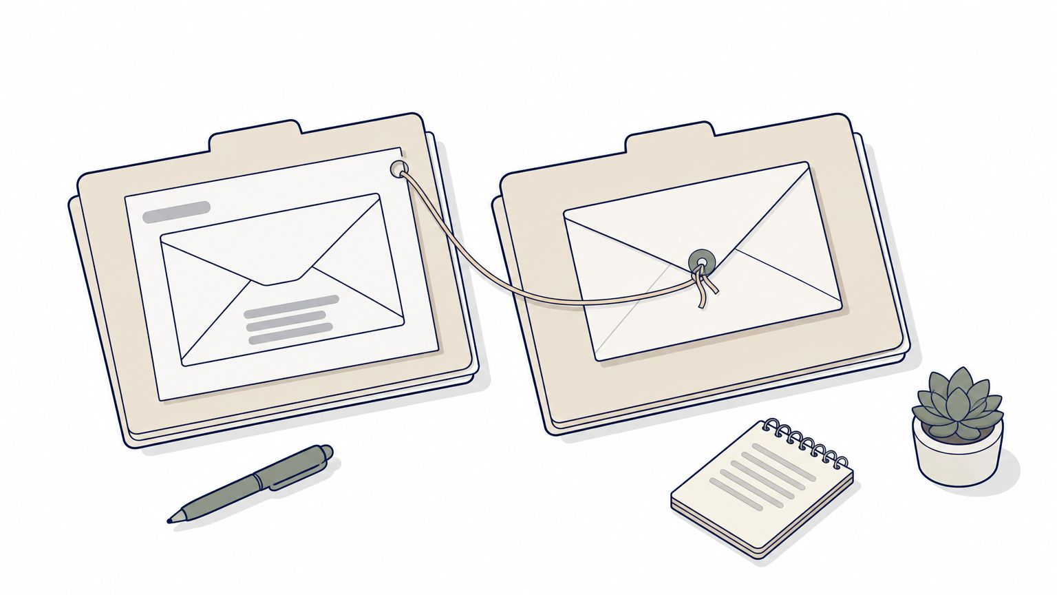Two folders on a desk, one tied by string to the original envelope, one with a full copy.