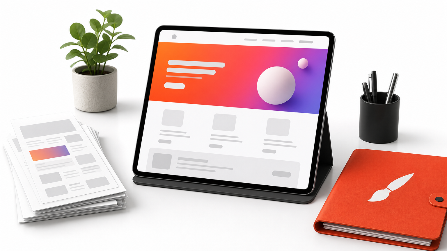 Desk with a tablet showing a finished homepage draft beside printed layouts and a folder.