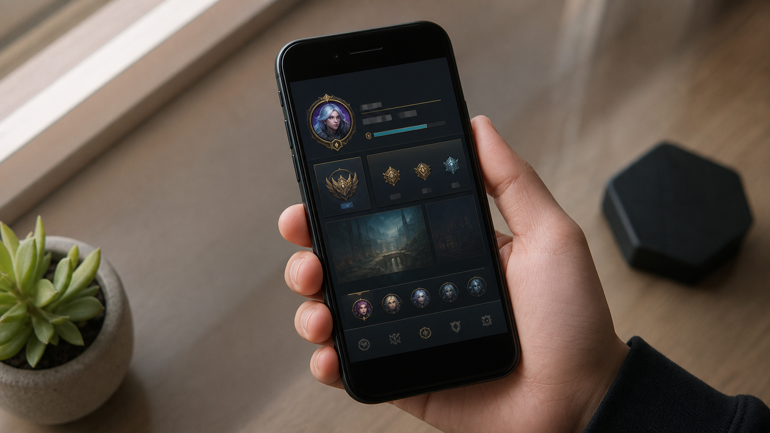 A hand holding a phone showing a game profile with an avatar and two ID numbers.