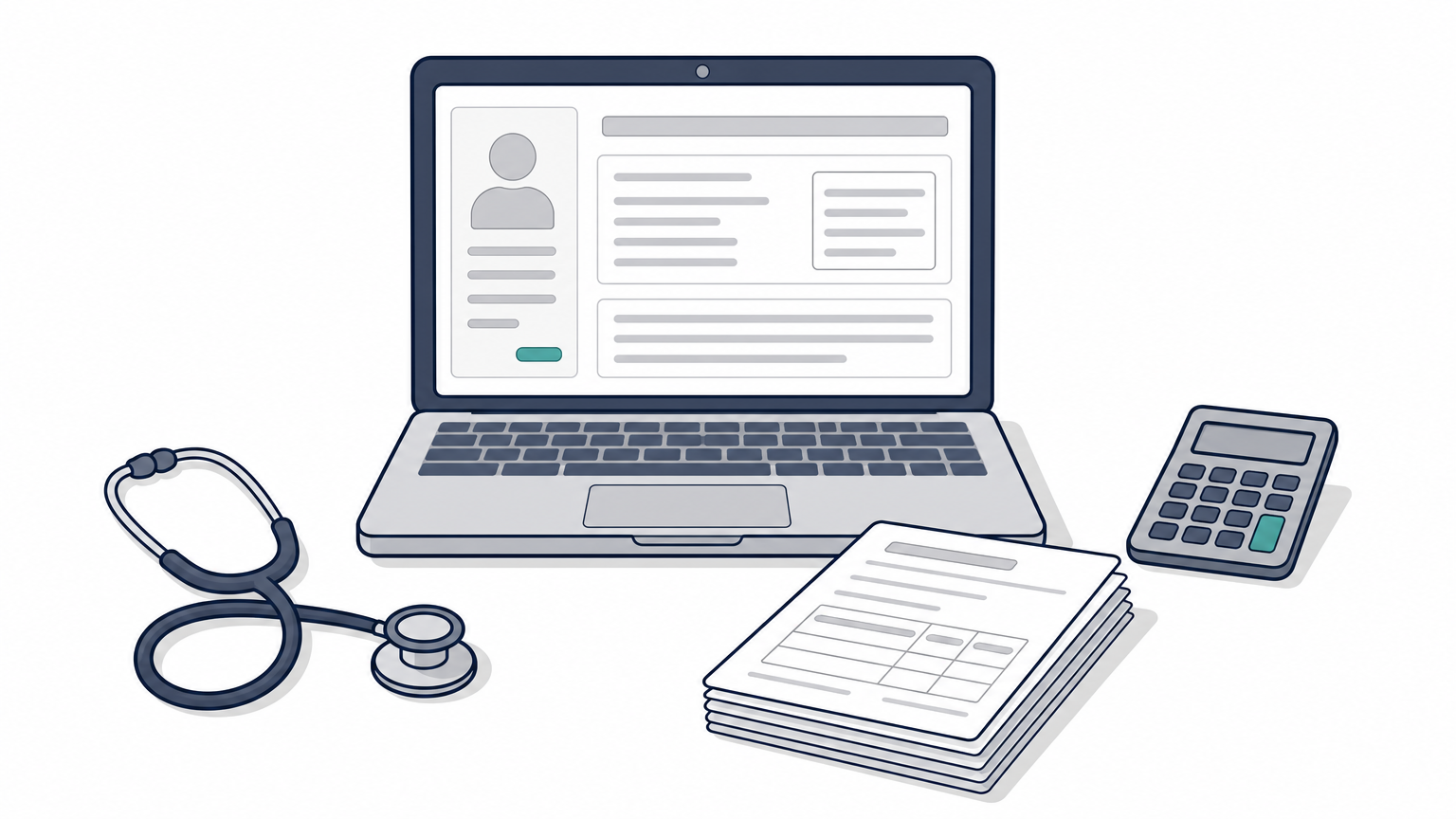 Laptop with patient chart, stethoscope, claim forms, and calculator arranged on a desk.