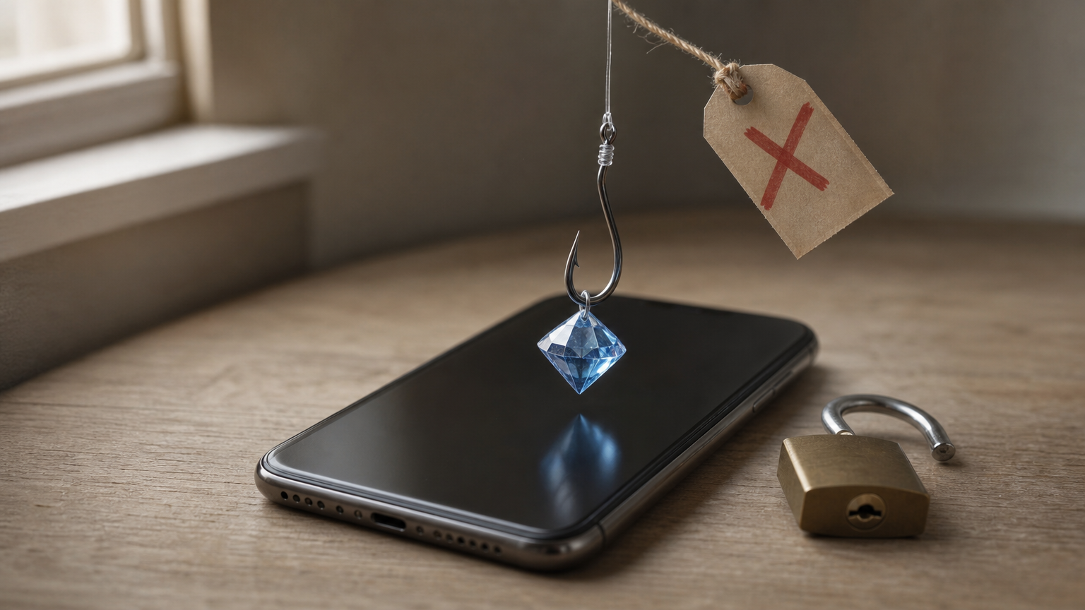 A fishing hook baited with a diamond over a phone, with an open padlock and price tag.