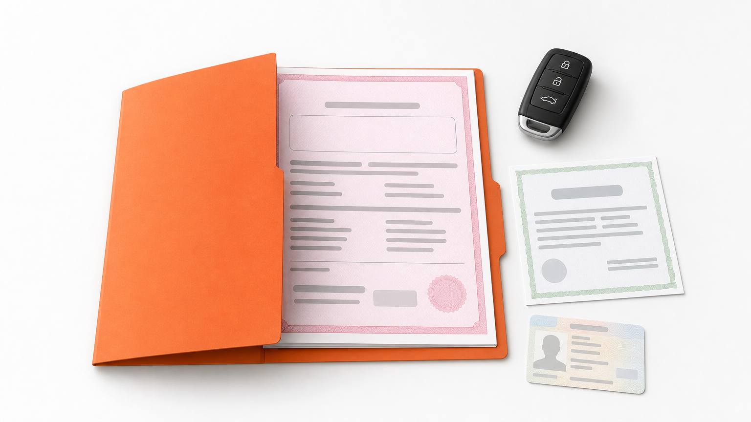 Folder with a car title, Toyota key fob, smog certificate, and driver's license on a table.