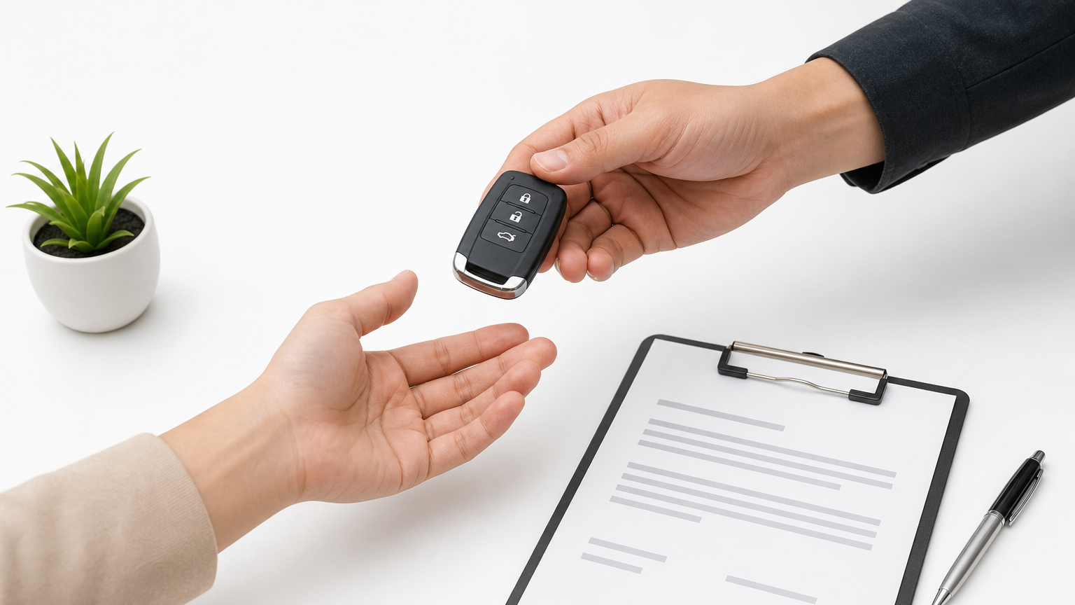 One person hands a Toyota key fob to another beside a signed bill of sale.