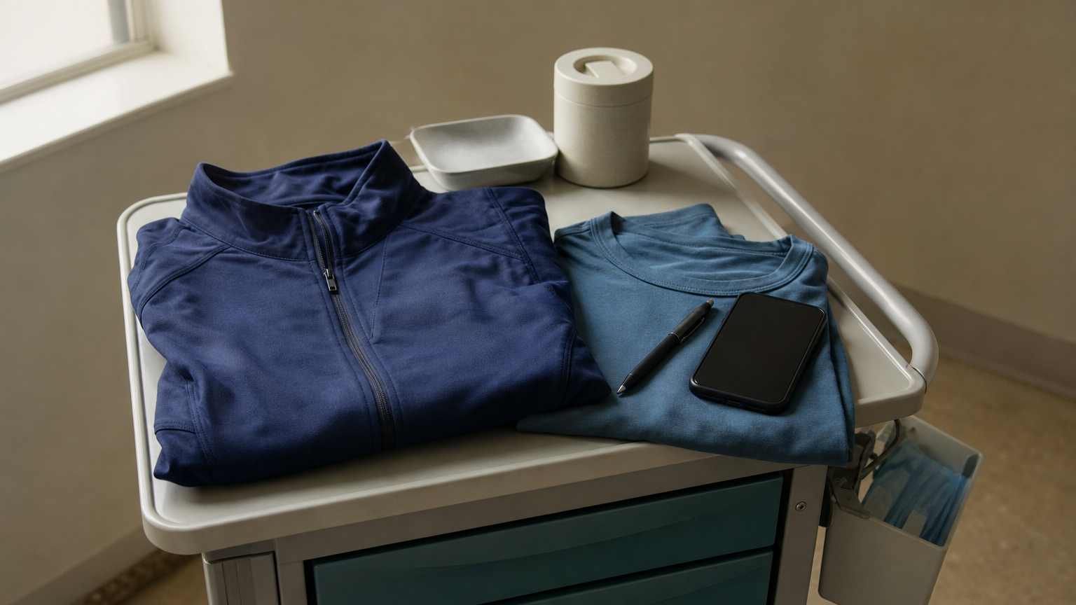 A folded scrub jacket on a supply cart with a long-sleeve tee, a pen, and a phone.
