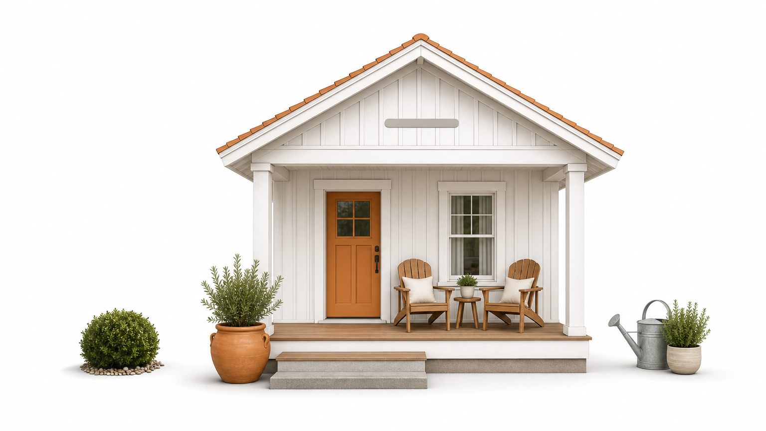 Small gabled farmhouse porch with two chairs, a small table and a front door beneath the porch roof.
