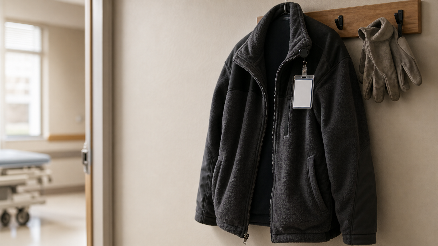 A thick fleece jacket hanging on a hook beside a staff door with a badge and gloves.