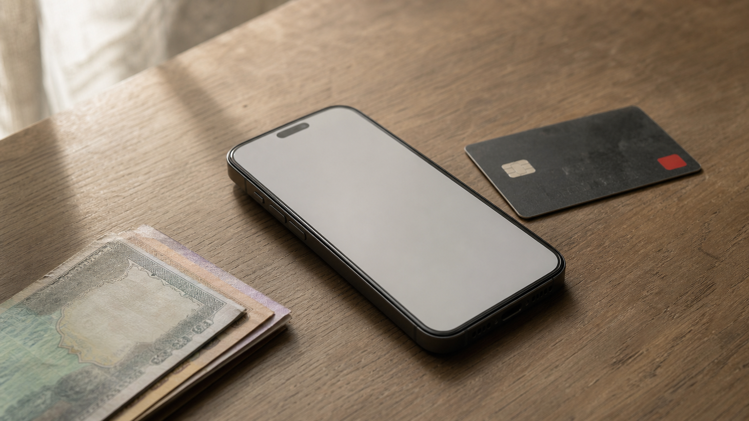 Smartphone with a wallet screen beside a bank card and Taka banknotes on a desk.