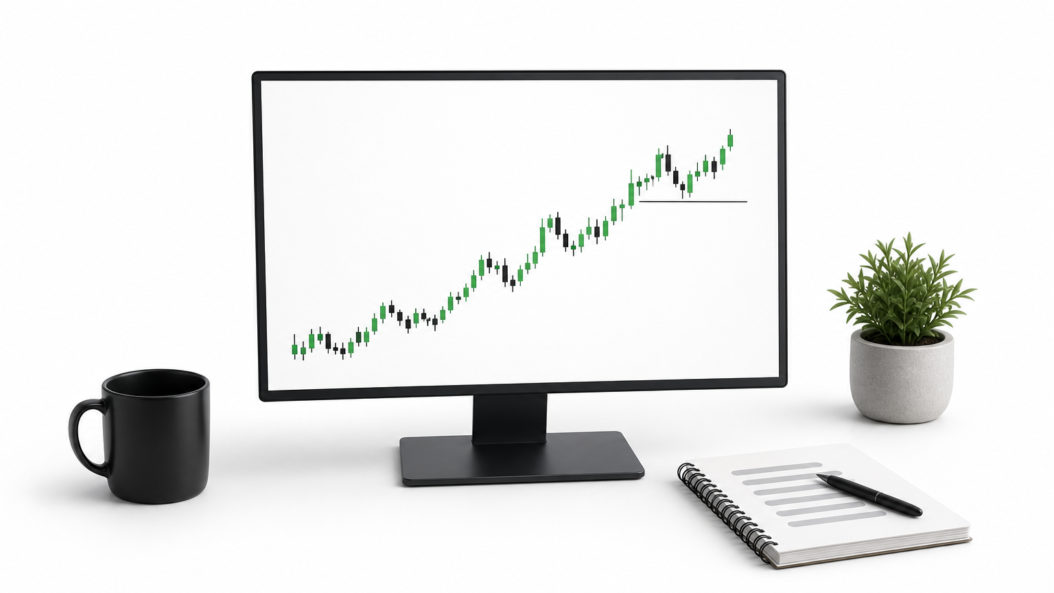 Monitor with candlestick chart and a horizontal stop line placed below a recent swing low.