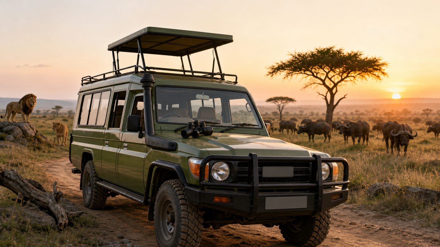 Safari vehicle with open roof on a dirt track at sunrise near a buffalo herd.