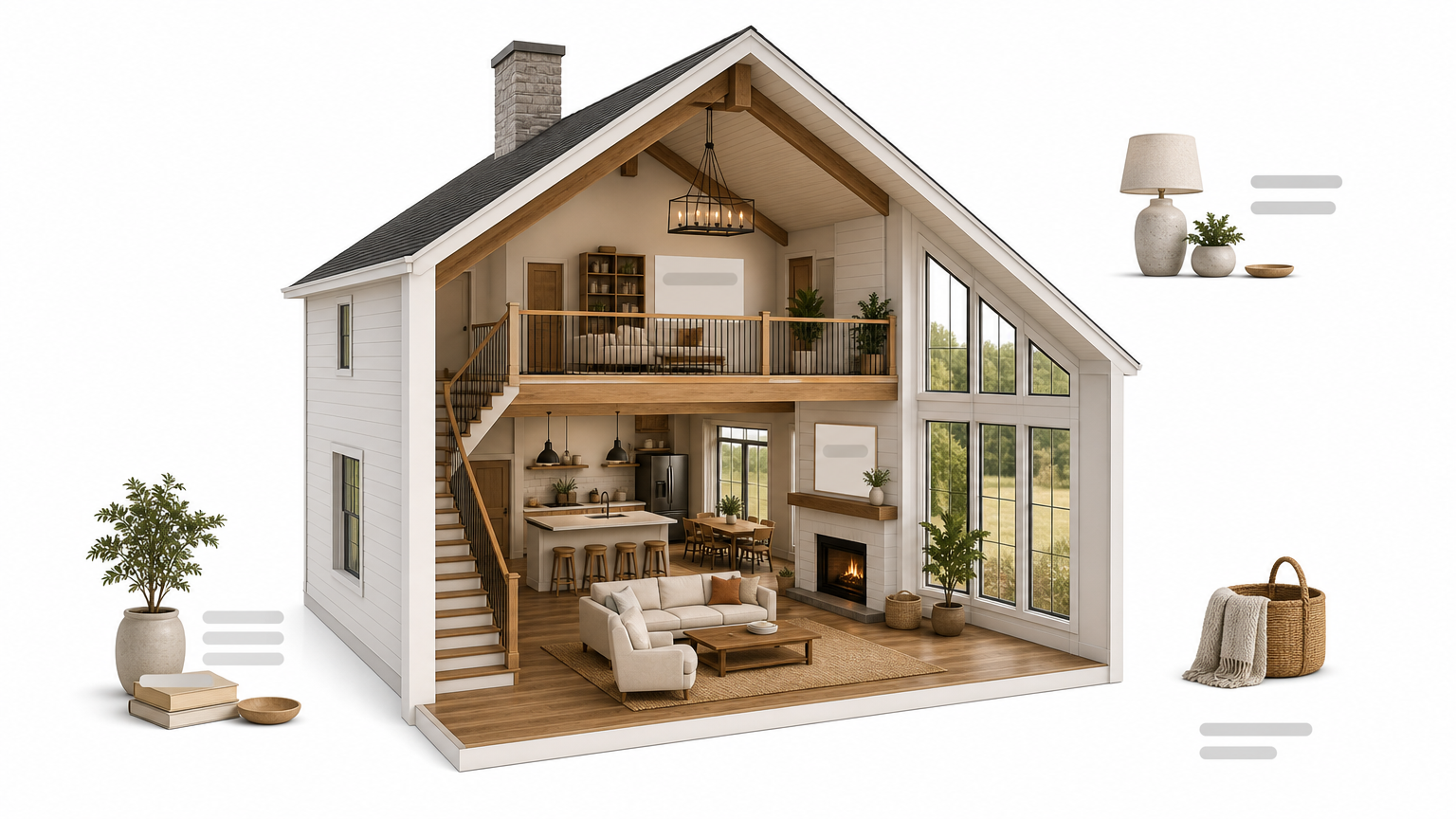 Cutaway of a two-story farmhouse showing a railed loft above an open living room with a staircase.