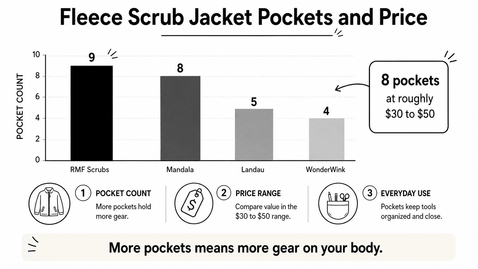 A bar chart comparing pocket counts across four fleece scrub jacket options.