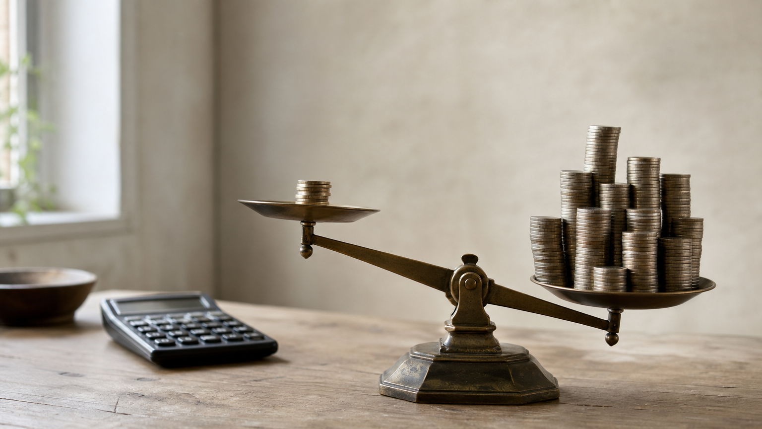 Balance scale tipped by large coin towers against a small coin stack, with a calculator nearby.