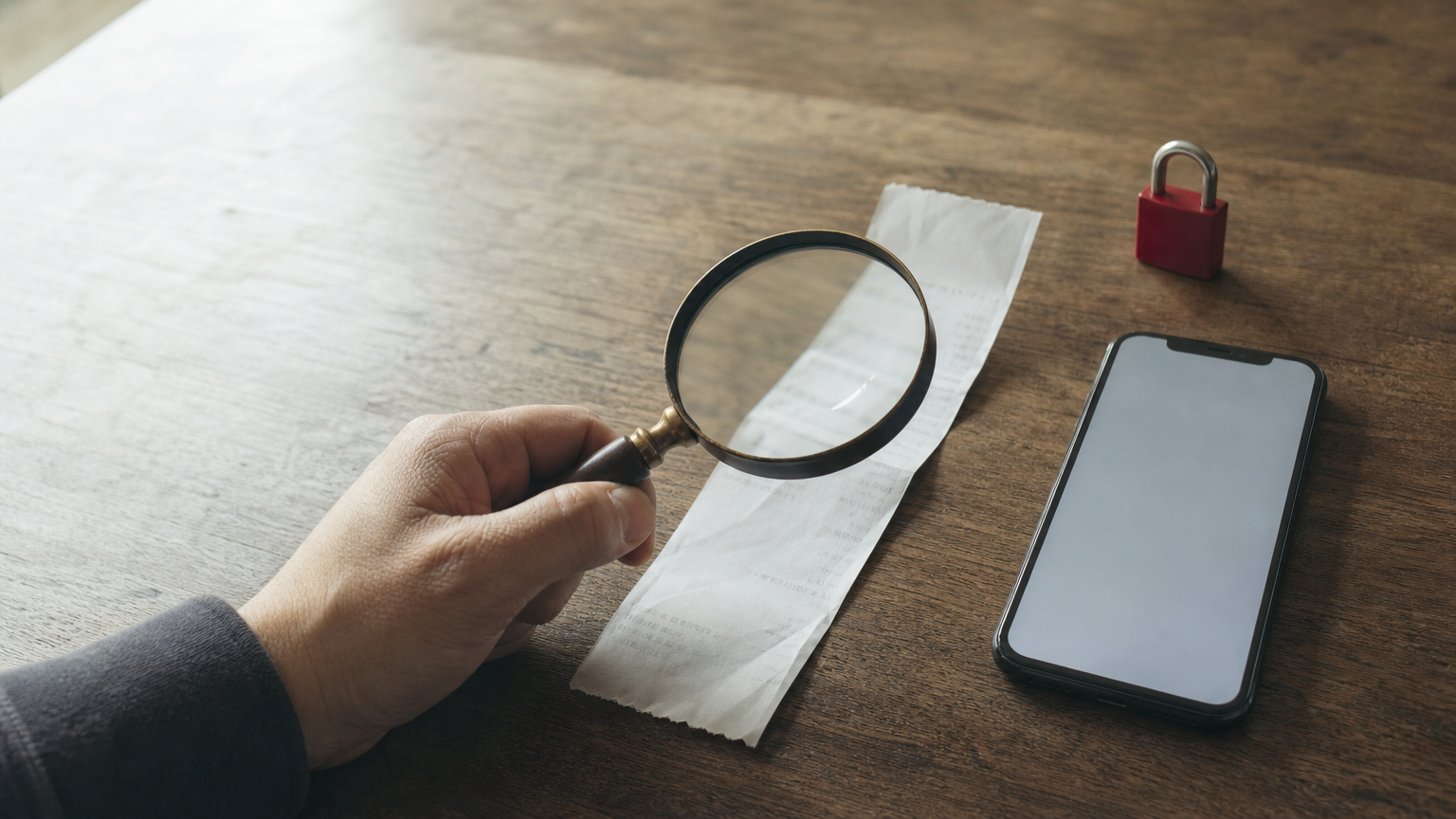 Hand holding a magnifying glass over a receipt next to a phone and padlock.