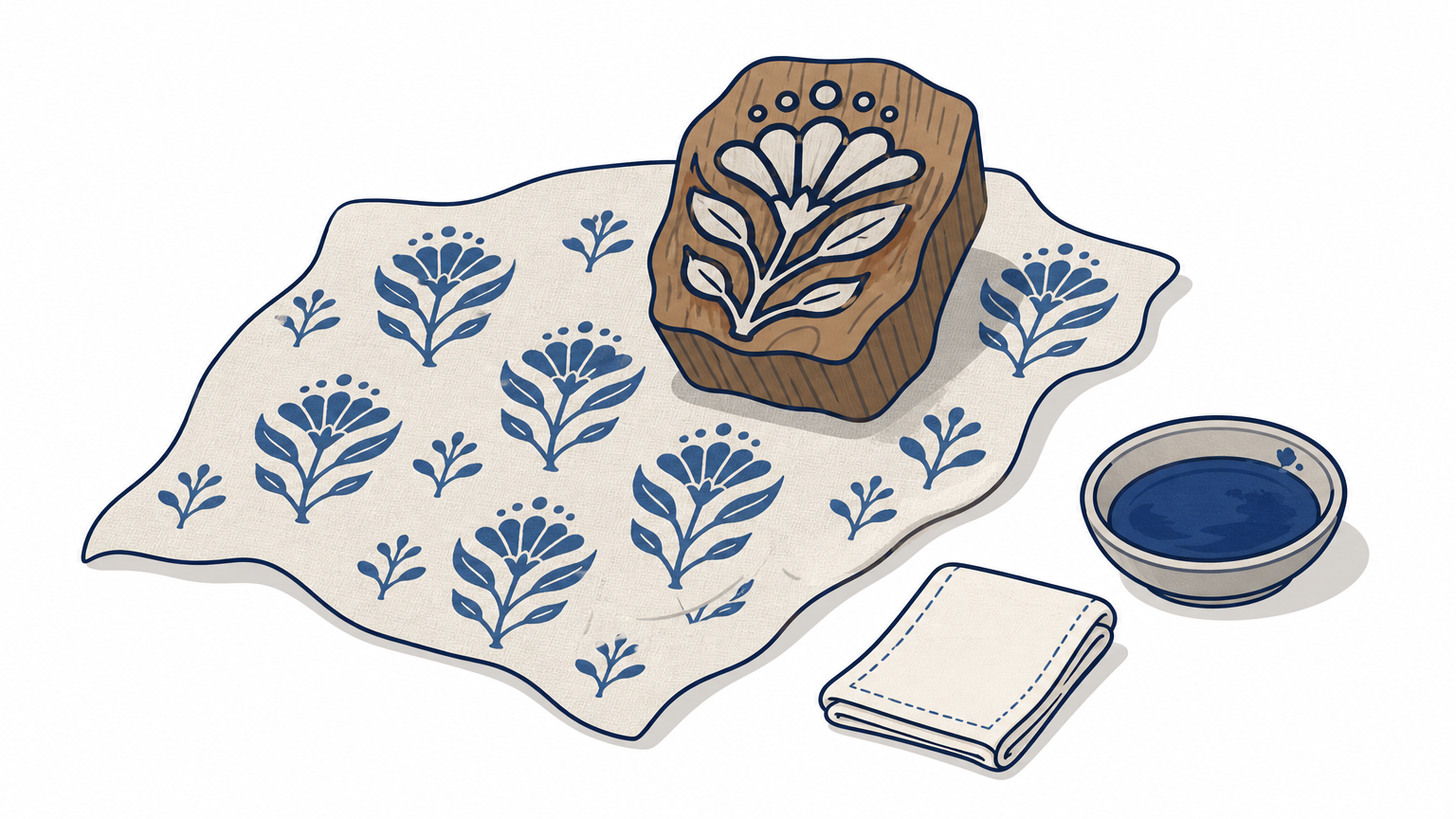 Carved wooden printing block on linen fabric with a stamped floral pattern, dye dish and folded cotton.