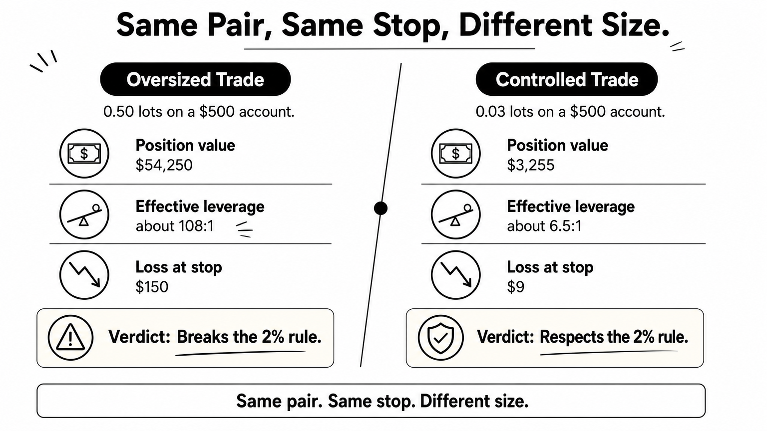 Comparison of an oversized 0.50 lot trade and a controlled 0.03 lot trade on a $500 account.