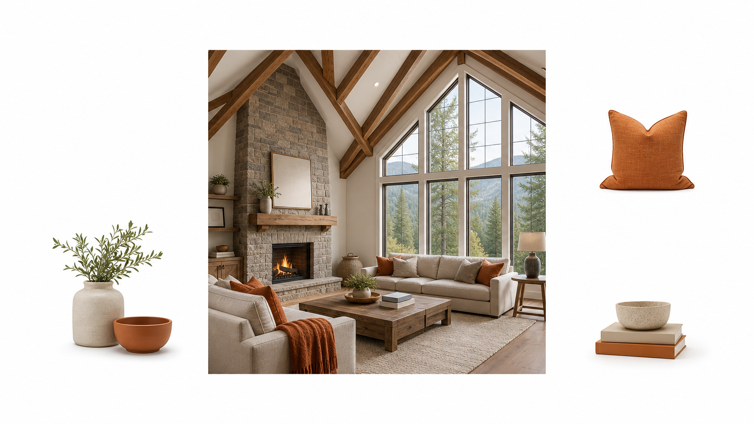 Vaulted great room with timber beams, a stone fireplace, tall gable windows and a seating area.