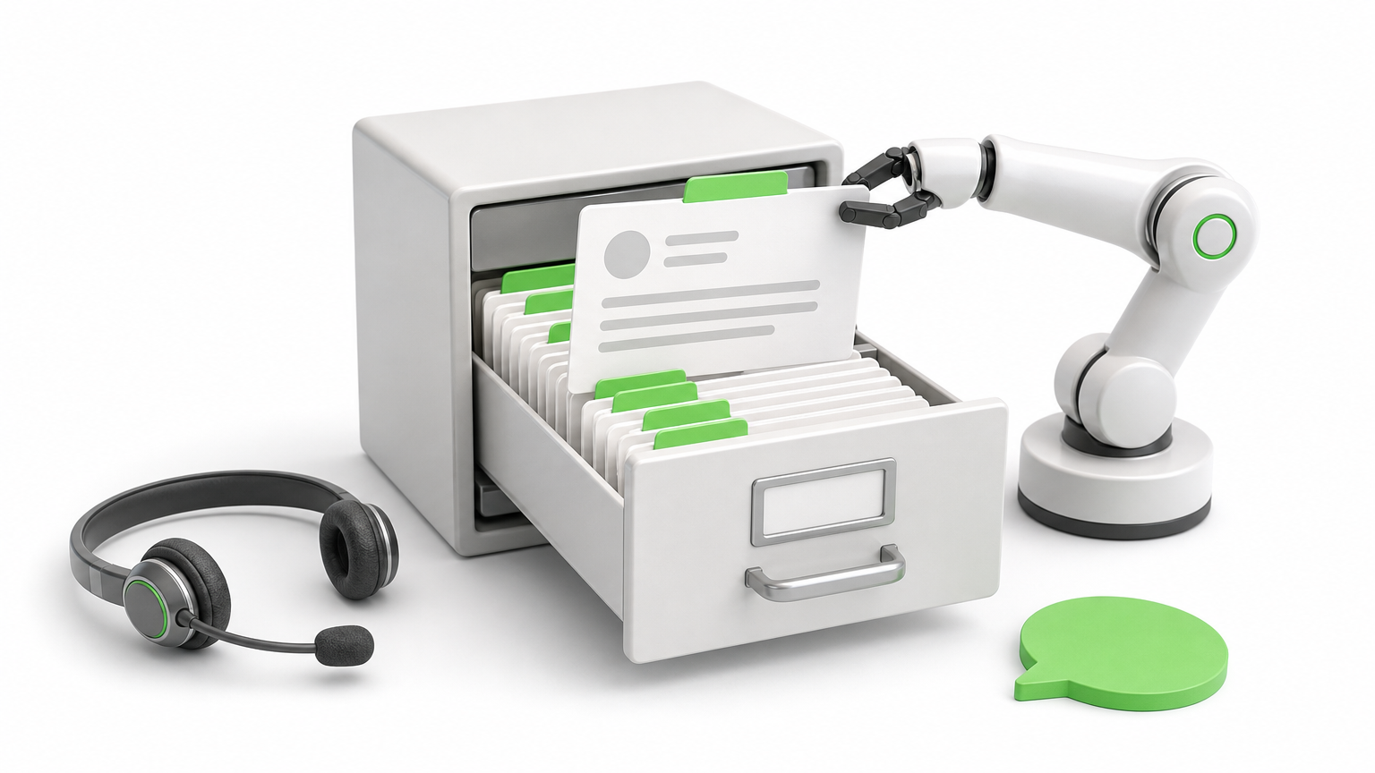 A robotic arm pulls a customer card from a file drawer beside a headset.