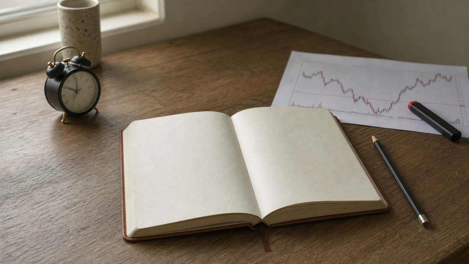 Desk with an open trading journal, pencil, printed chart with a marker, and small alarm clock.