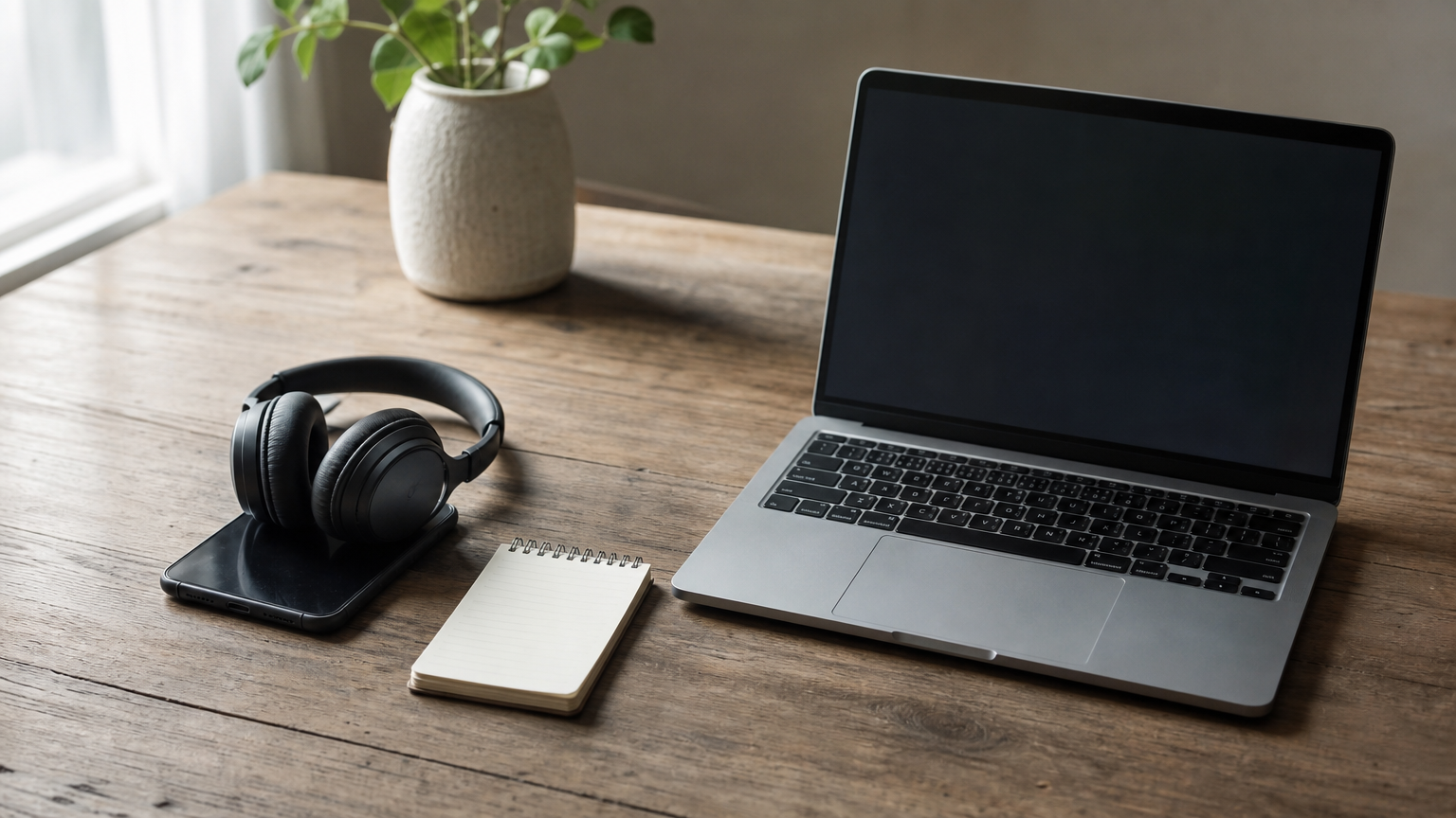 Phone, laptop, and headphones on a table with a notepad of login notes.
