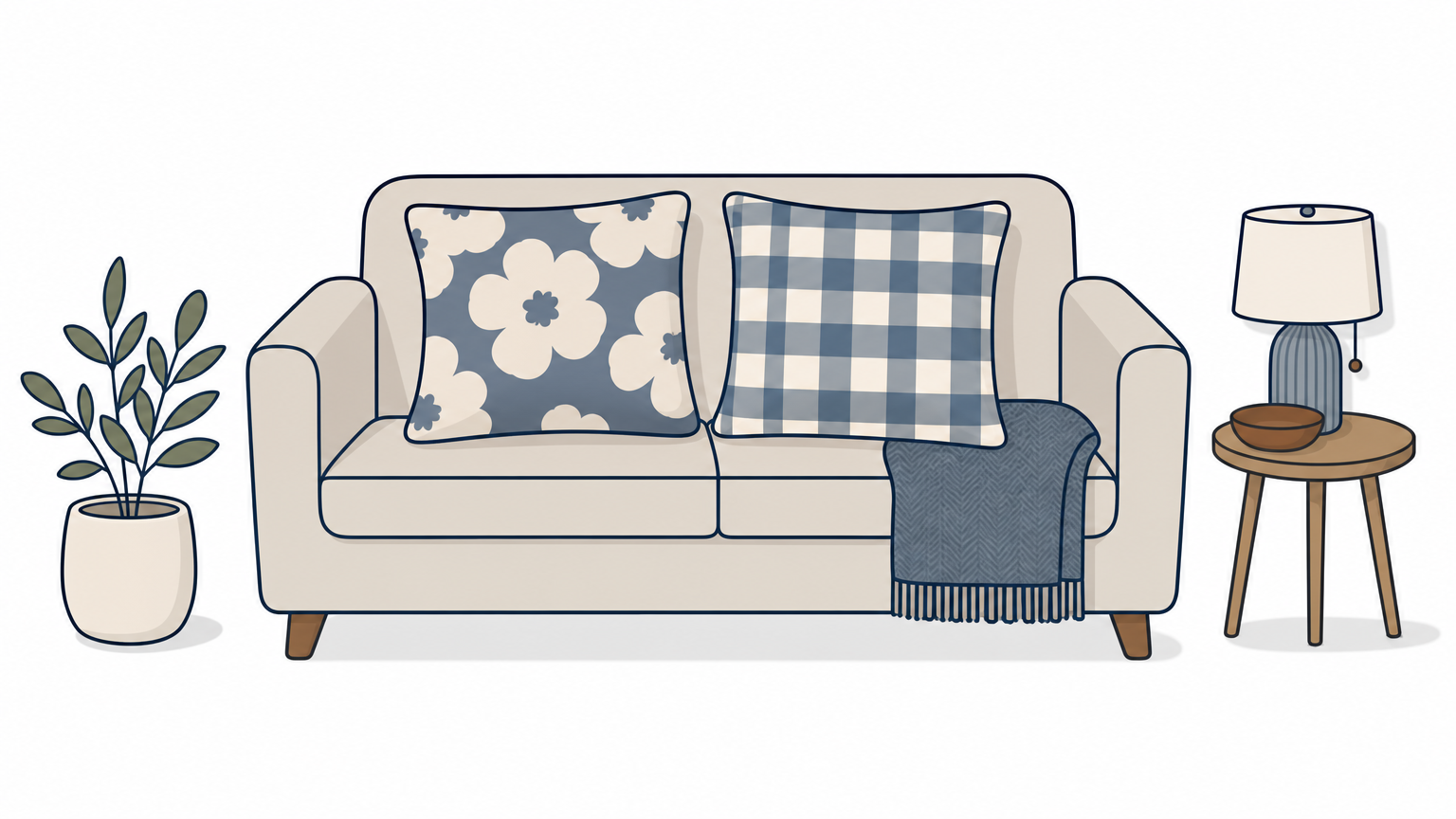 Sofa with one large floral pillow and one gingham pillow next to a folded throw.