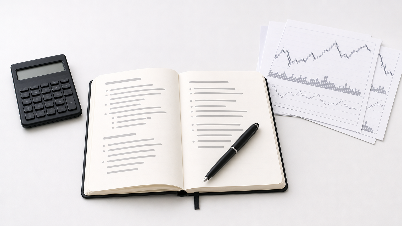 Open trading journal with handwritten rules, a pen, a calculator and printed charts on a desk.