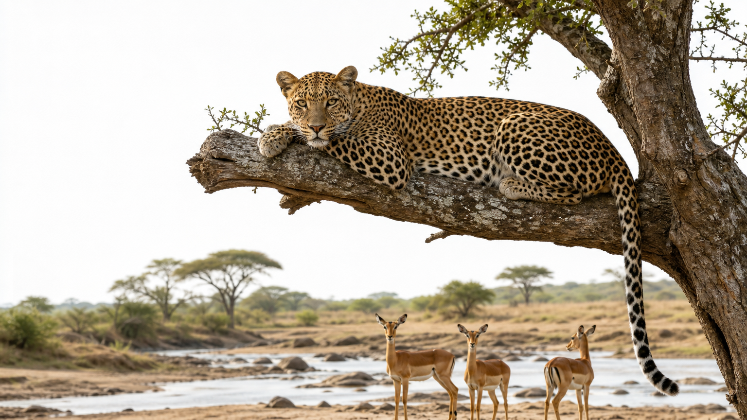 A leopard lying on a tree branch above a river with impala nearby.