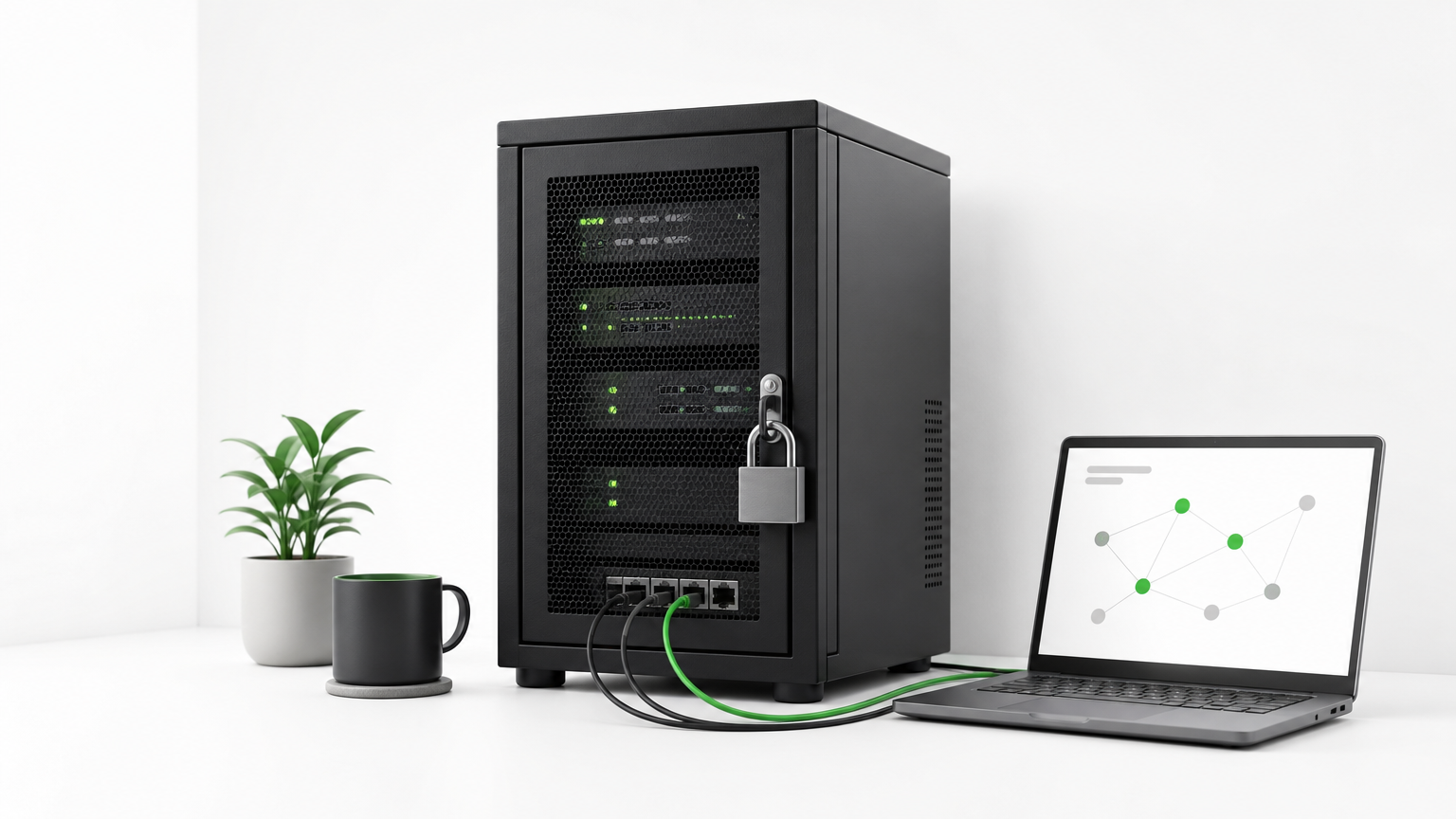 A locked server rack in an office connected by cables to a laptop showing a node workflow.