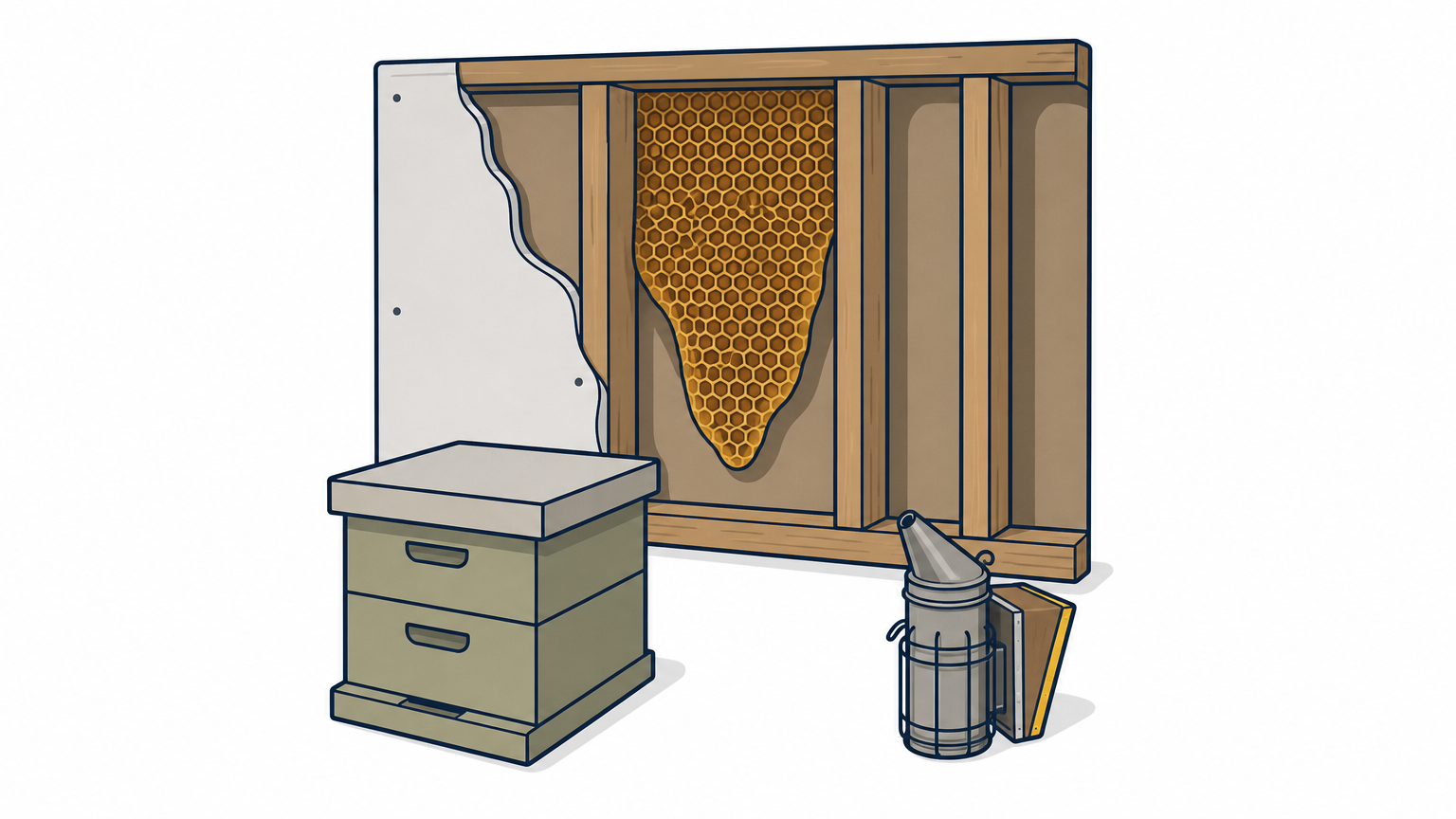 Opened wall cavity with honeycomb between studs, a hive box and a bee smoker on the floor.