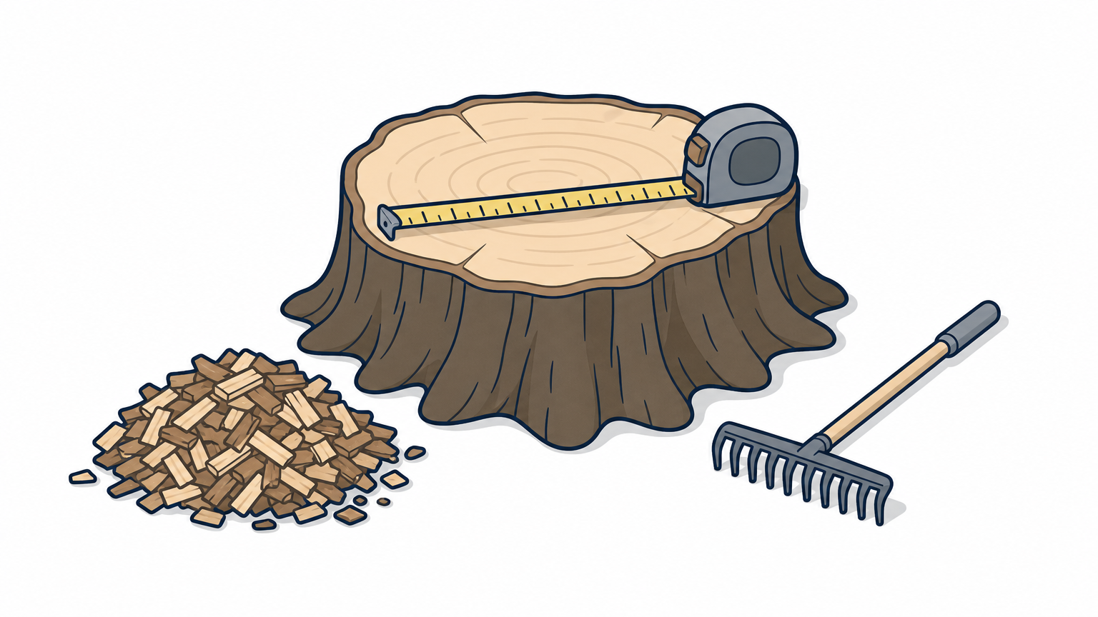 A tape measure across a stump beside a wood chip pile and rake on a lawn.