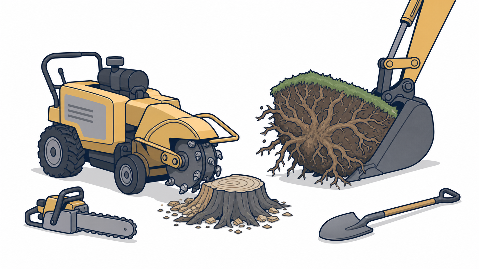 A stump grinder next to an excavator lifting a root ball from torn turf.