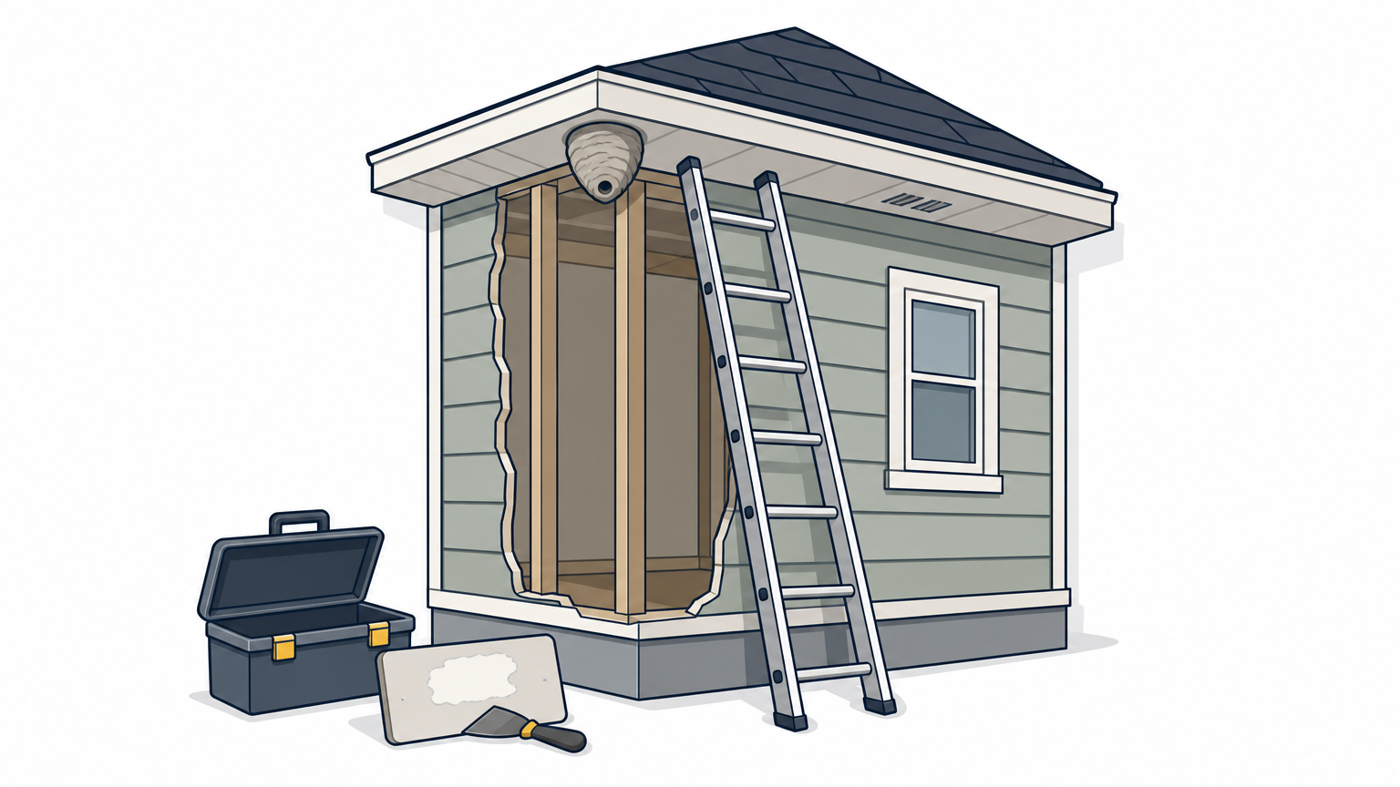 Ladder leaning against a house eave with a wasp nest above and a repair toolbox on the ground.