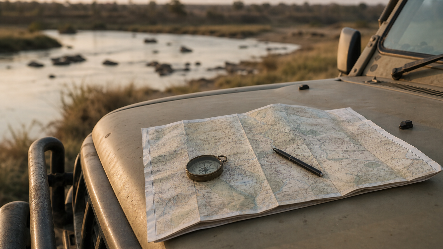 Chobe National Park Map: Regions, Gates, Lodges, and Roads A folded paper map with a compass and pen on the hood of a safari vehicle.