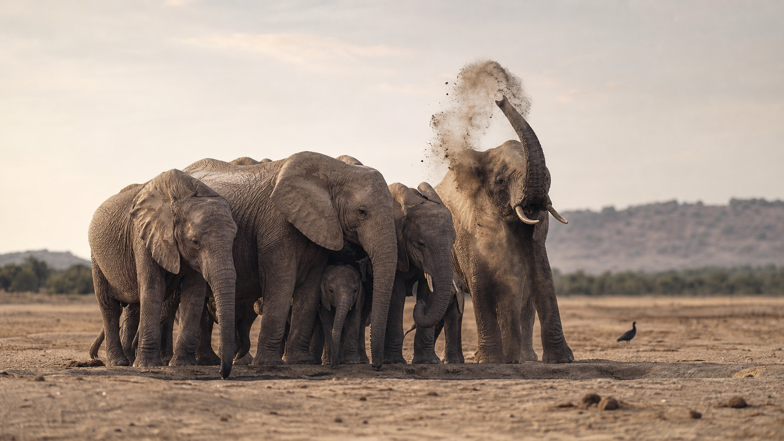 Elephants with calves gathered around a pan while a bull sprays dust over his back.