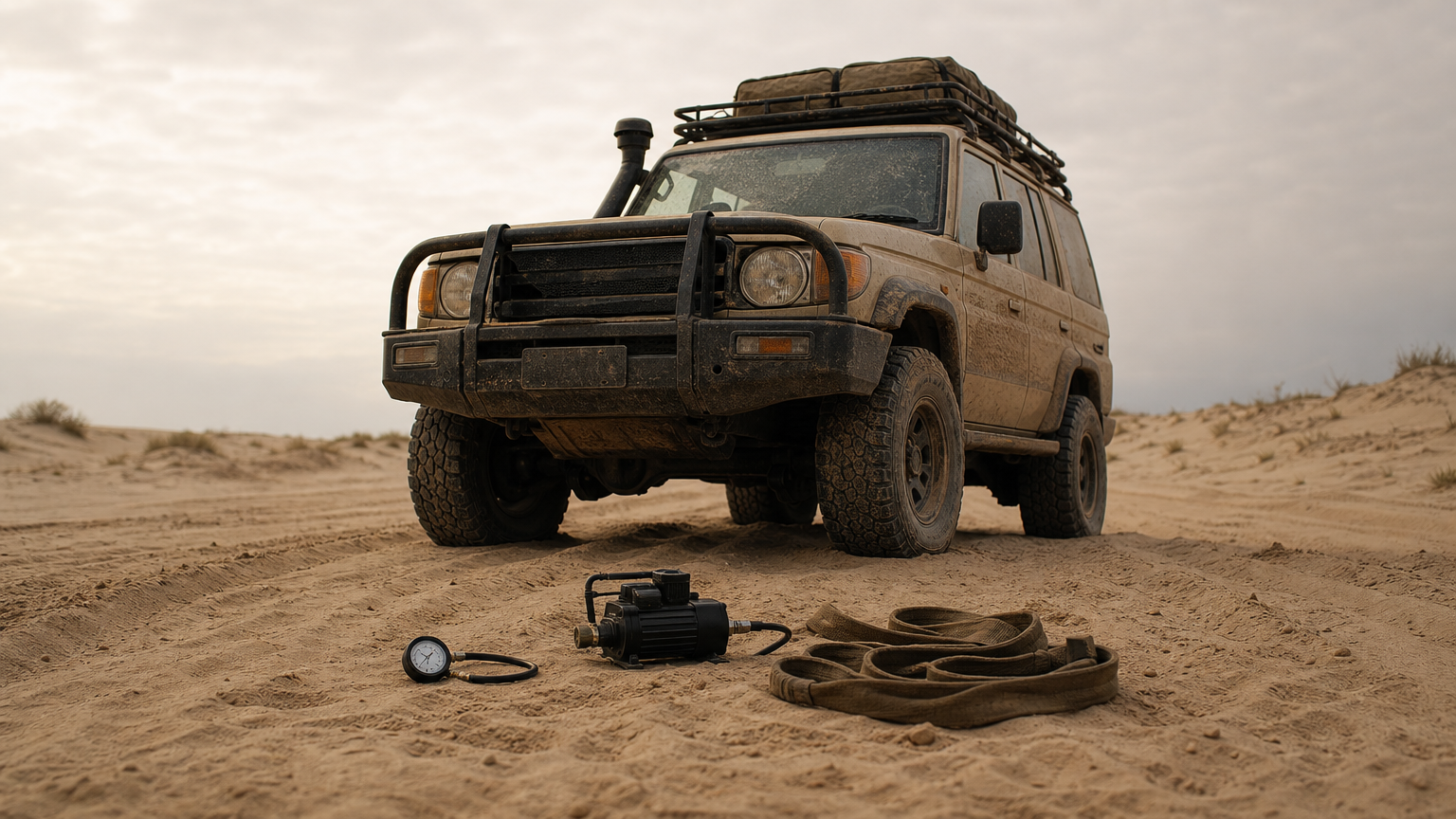 Chobe National Park Map: Regions, Gates, Lodges, and Roads A safari 4x4 on a sandy track with a tire gauge, compressor, and recovery strap beside it.