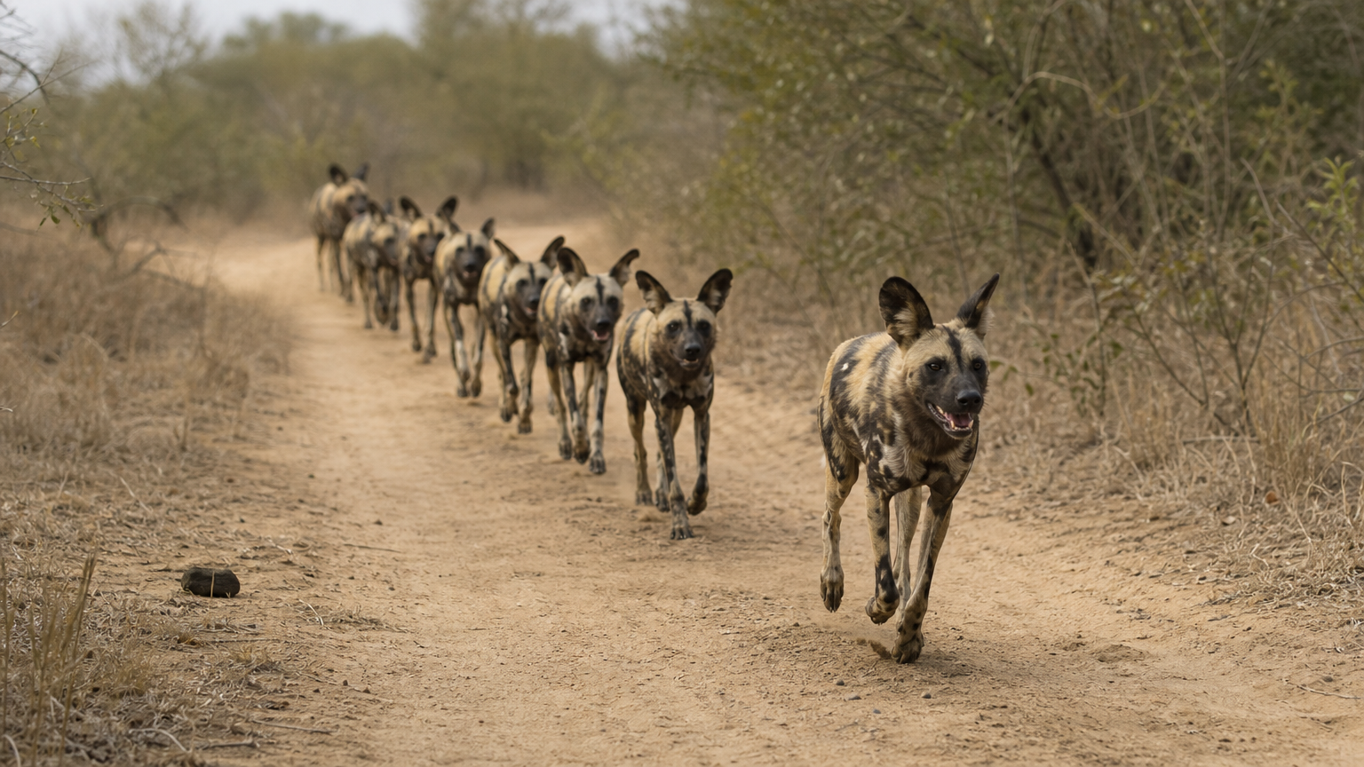 A pack of wild dogs trotting in single file along a sandy track.