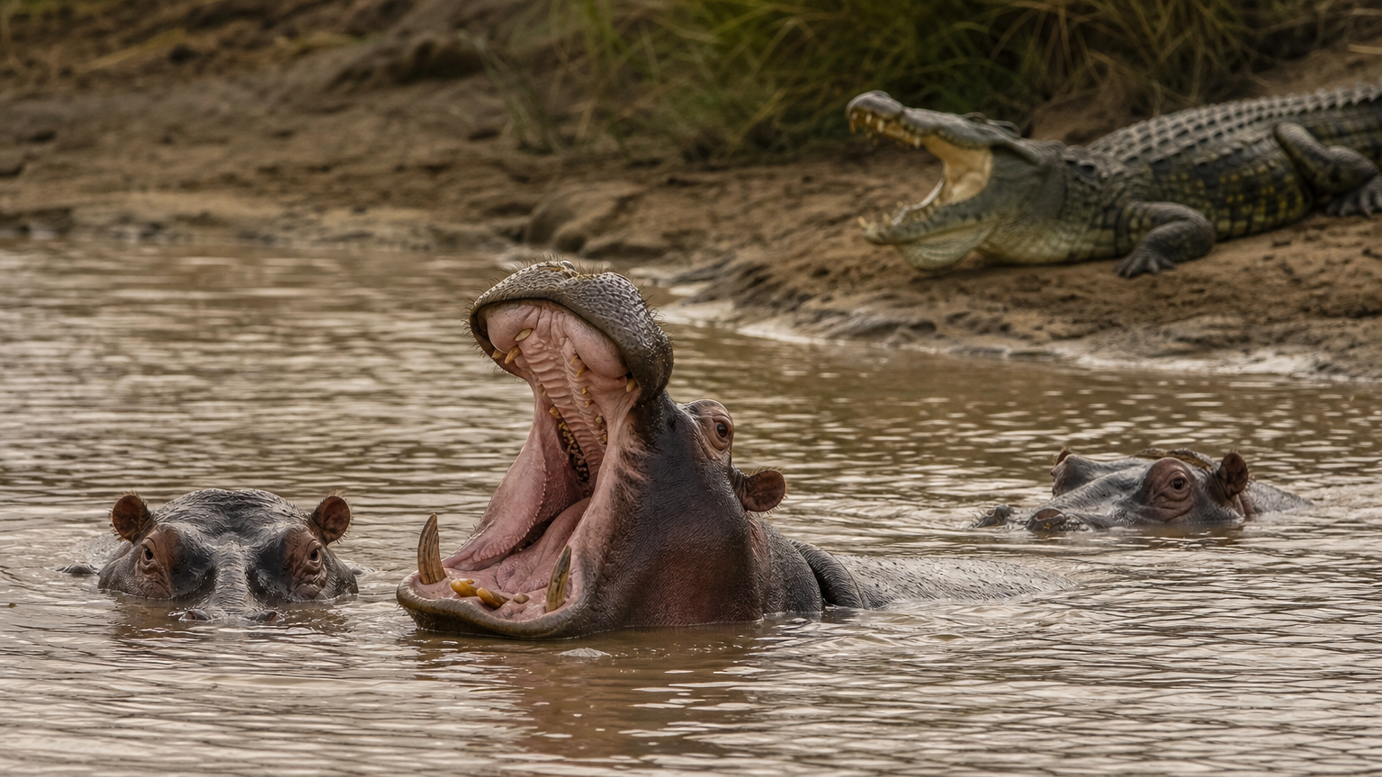 Hippos in a dam with one yawning, and a crocodile resting with its mouth open on the bank.
