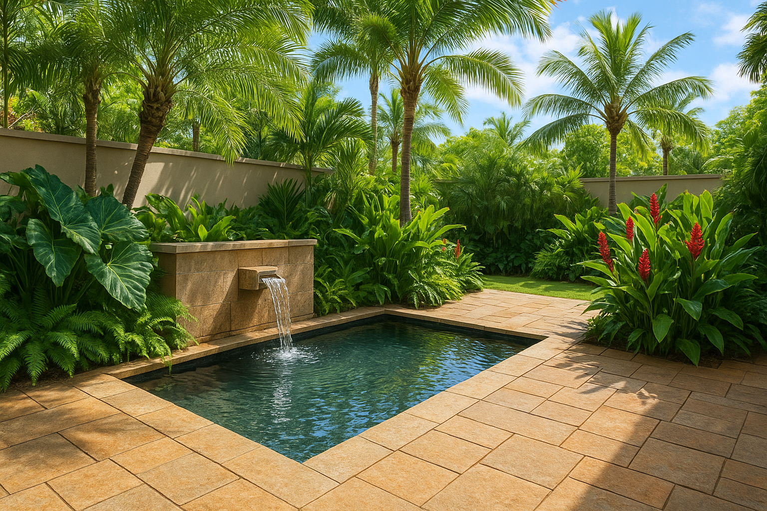 4. Resort-style garden with a water feature