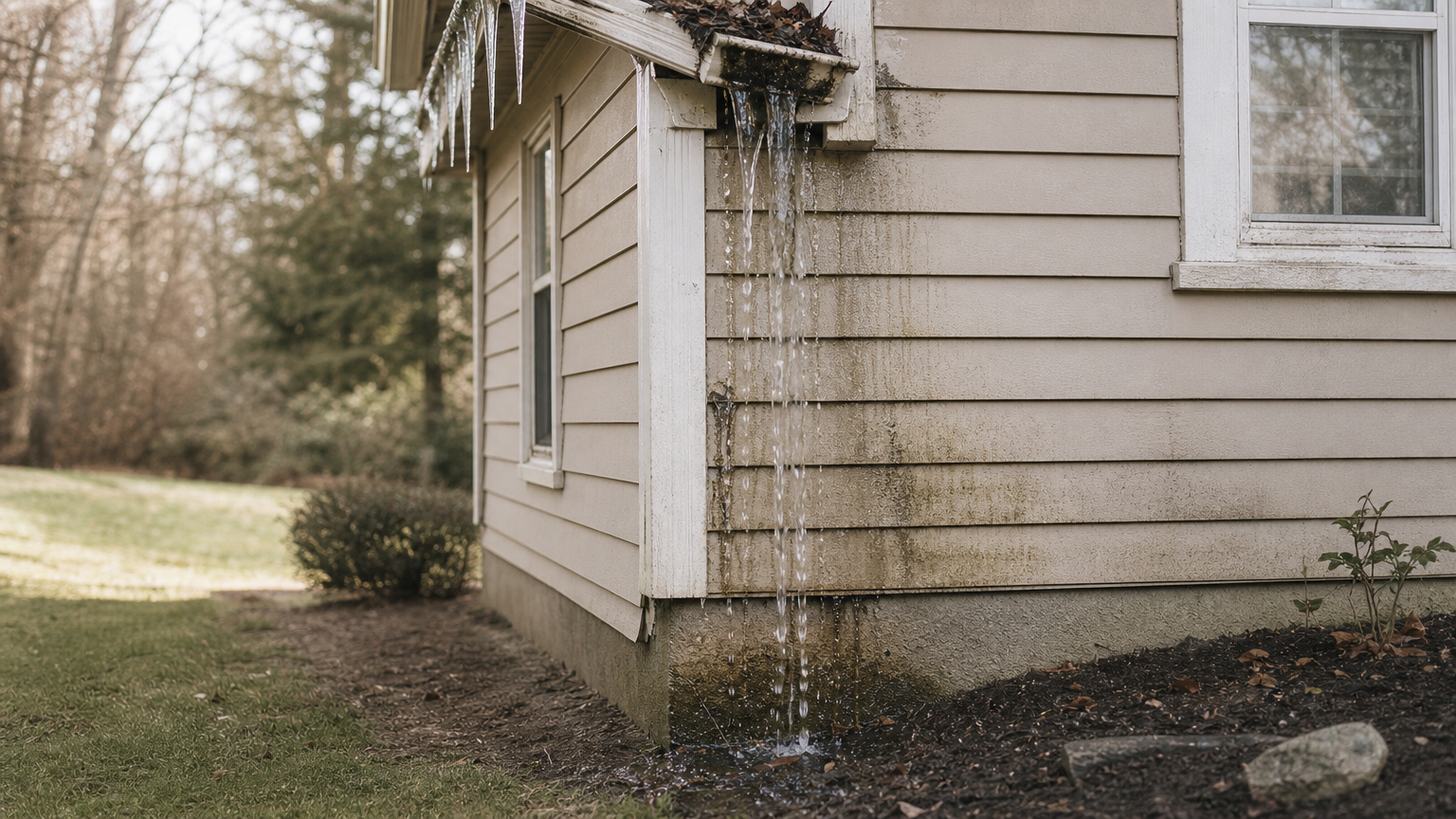 Overflowing gutter on a house corner with water running down siding and icicles along the eave.