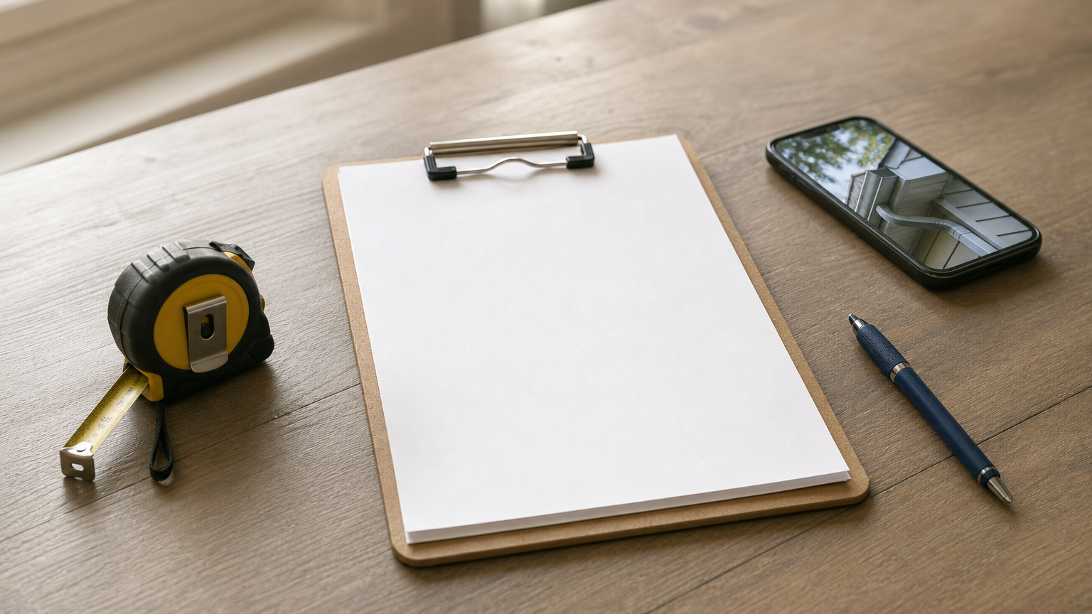 Clipboard with an estimate sheet beside a tape measure, pen, and phone showing a gutter photo.