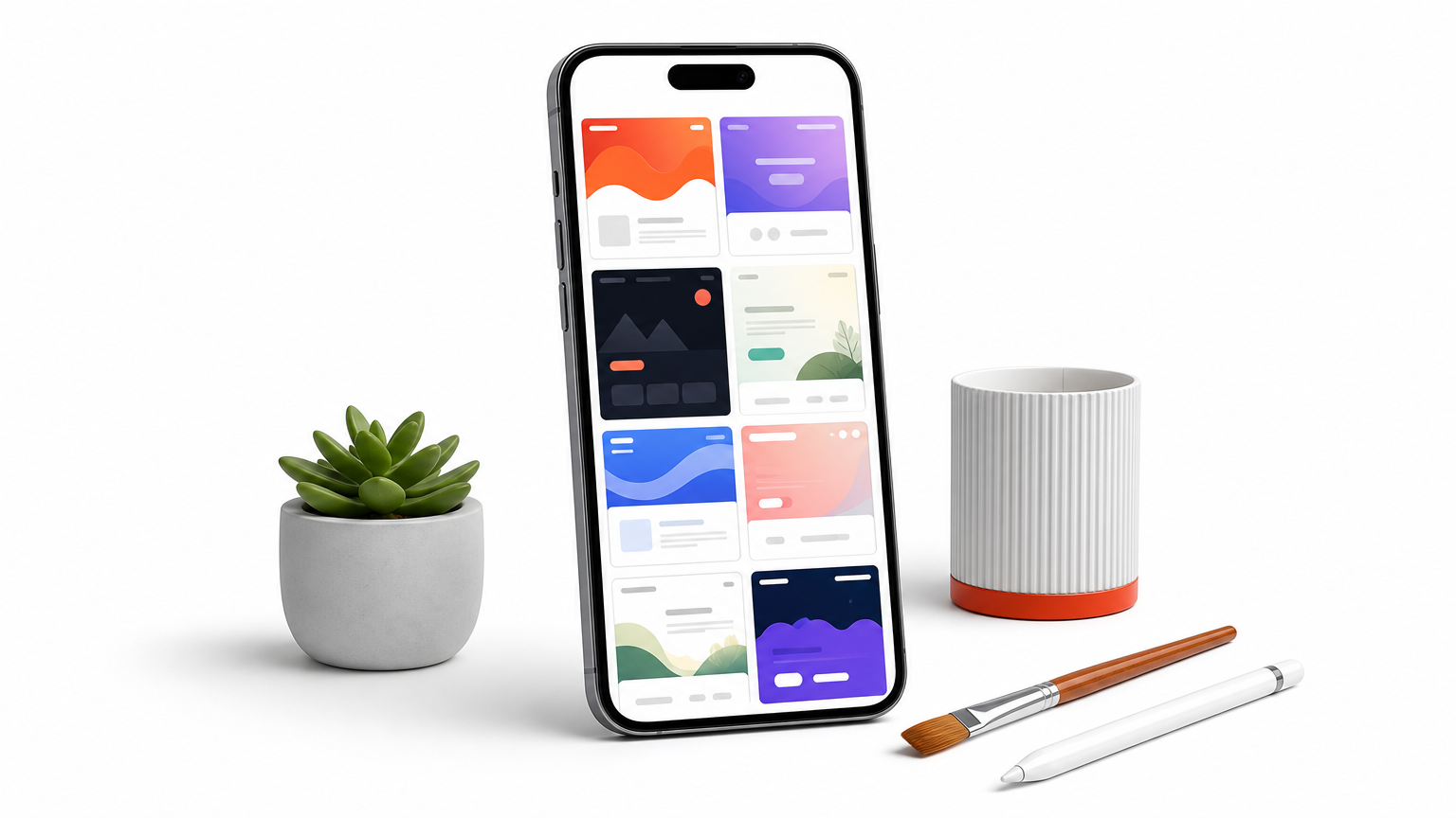 A smartphone displaying a grid of theme previews beside a paintbrush and stylus.