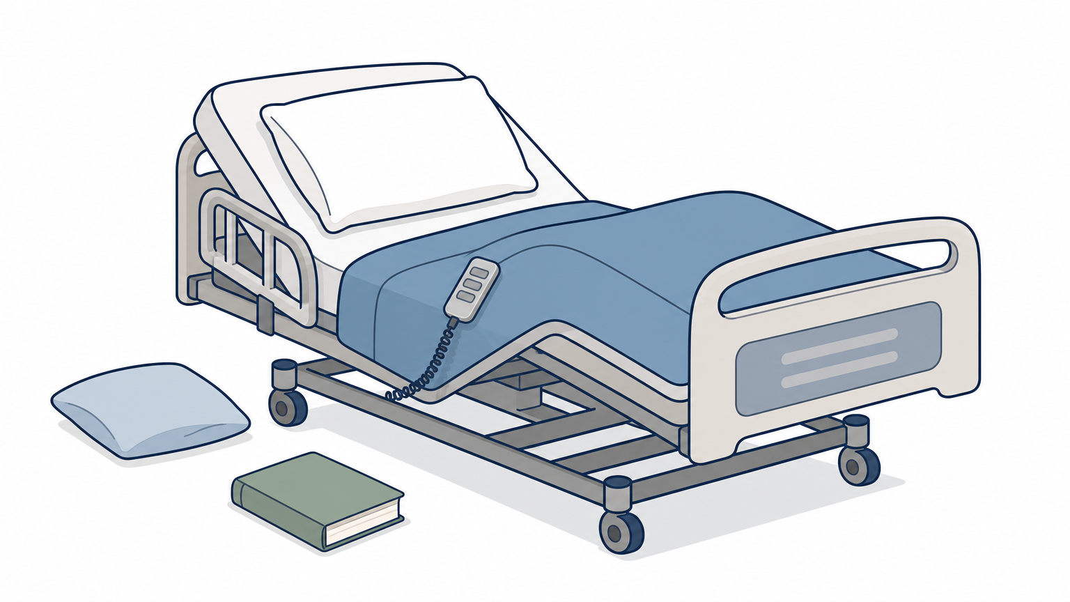 A hospital bed with raised head and knee sections, a hand control and a book on the blanket.