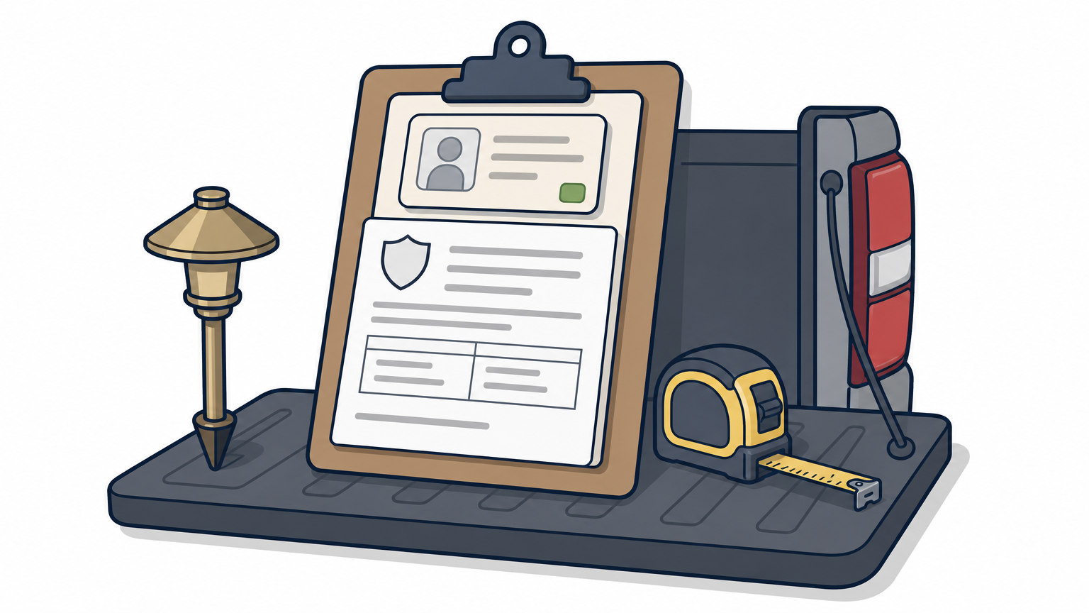 Clipboard with a license card and insurance certificate on a tailgate beside a brass path light.