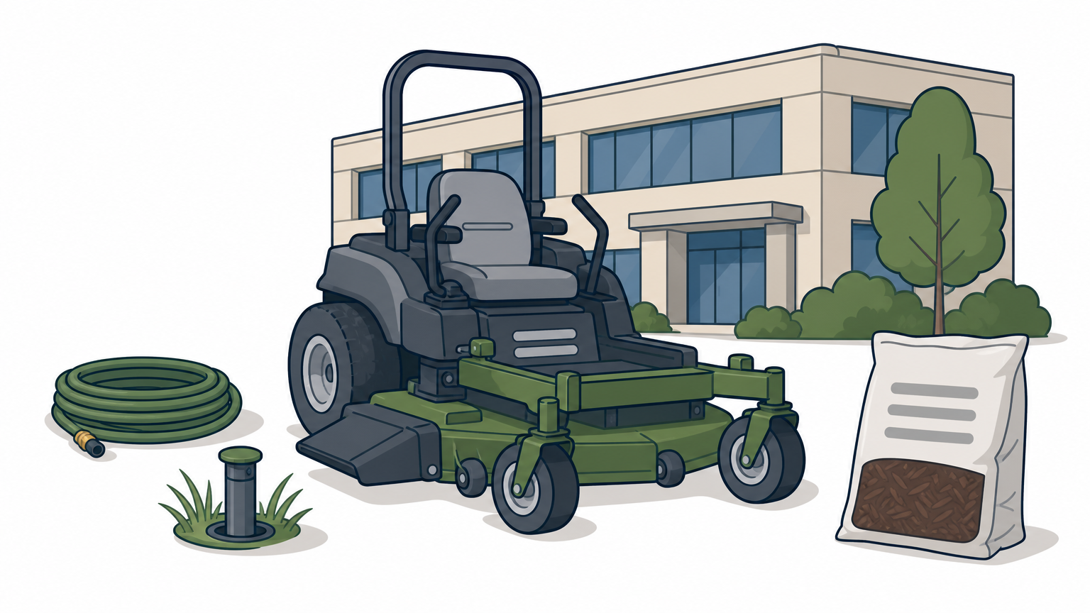 A mower cutting turf outside an office building with a sprinkler head, hose, and mulch bag nearby.