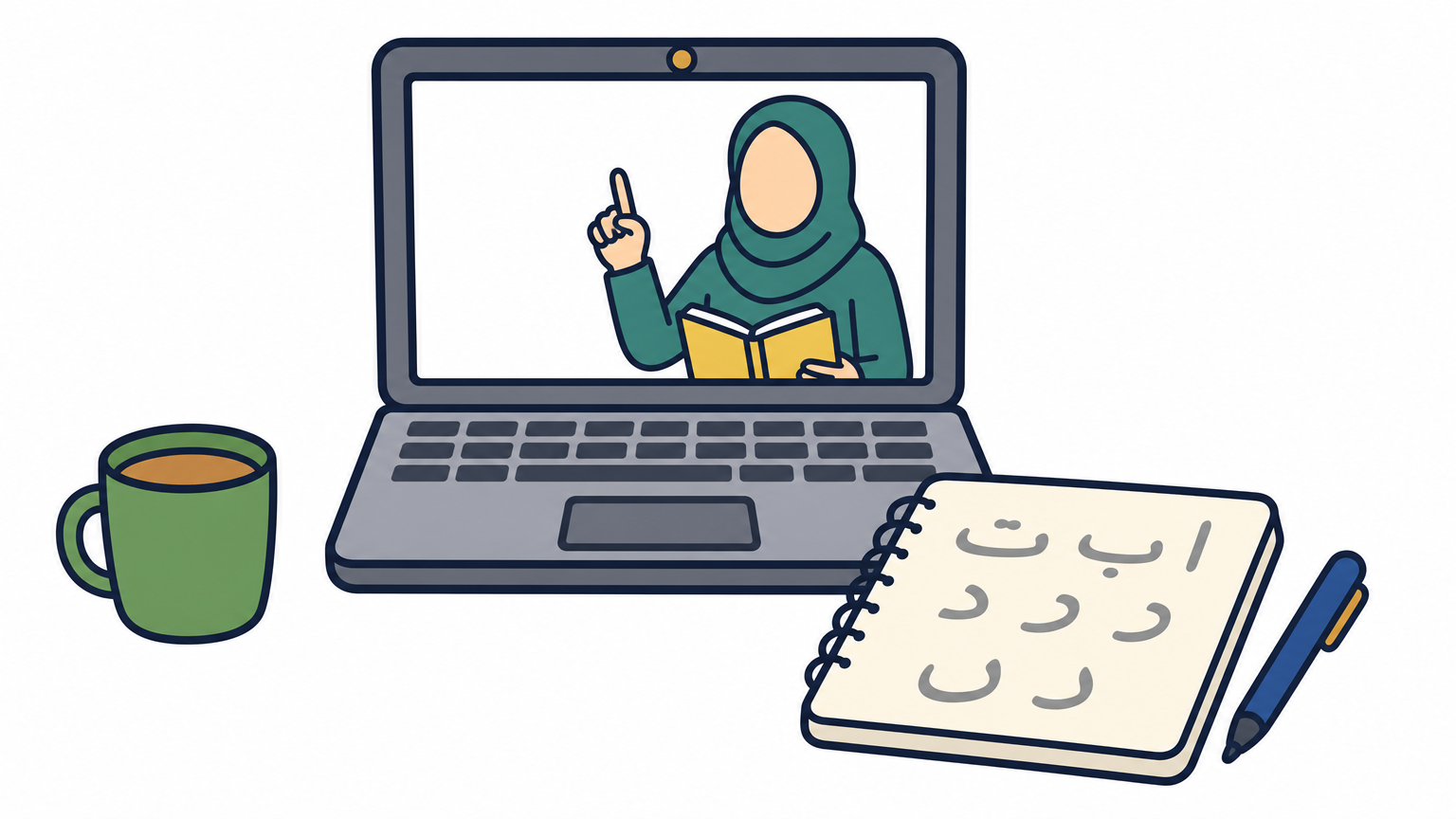 Laptop with a video call to a teacher beside a notebook of Arabic writing and tea.