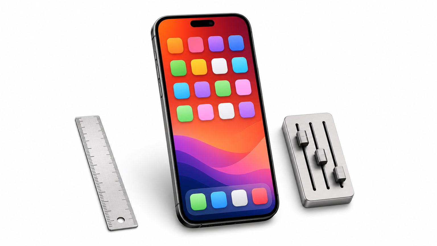 A phone home screen with an organized icon grid beside a ruler and sliders.