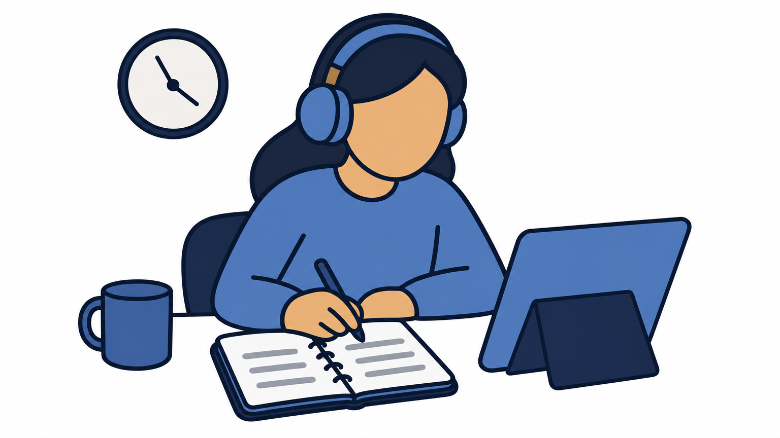 Person wearing headphones studies from a tablet at a table with a planner and coffee.