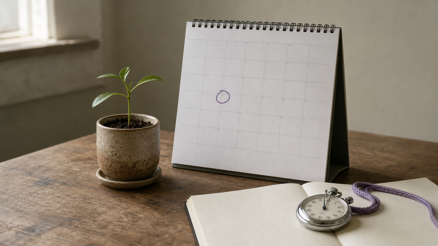 Desk with a wall calendar, a seedling, and a stopwatch on a notebook.