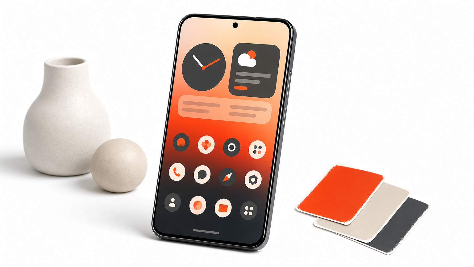 A phone with matching icons and clock and weather widgets next to paint swatches.