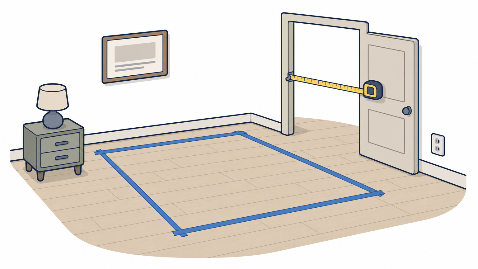 A taped bed outline on a bedroom floor with a tape measure stretched across a nearby doorway.